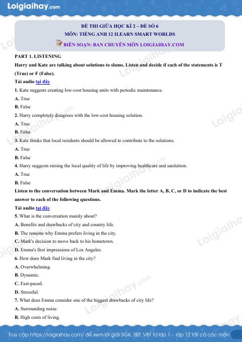 Đề thi giữa kì 2 Tiếng Anh 12 iLearn Smart World - Đề số 6